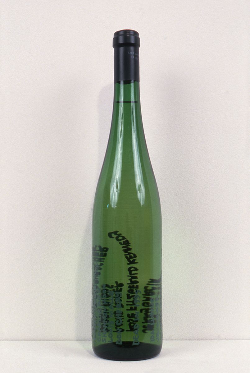 Rob Pruitt, Dead in 1995, 1998, 750 ml bottle Vino Verde, laser cut vinyl