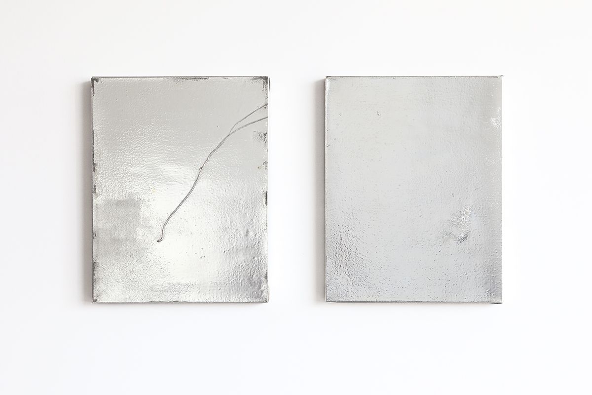 Mathieu Malouf Untitled, 2013 Gesso, human hairs, and electro silver plating process on linen 18 1/4 x 14 inches (46.4 x 35.6 cm) each