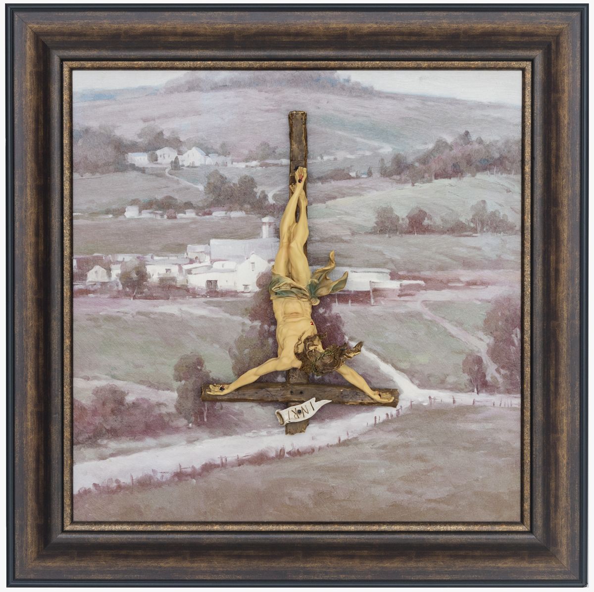 Nicolas Ceccaldi Grey landscape, 2019 Crucifix on framed print 35 5/8 x 35 5/8 x 4 inches (90.5 x 90.5 x 10.2 cm)