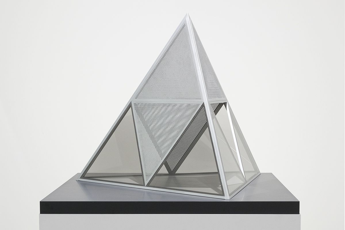 Dan Graham Shinohara's Pyramid, 2018 Stainless steel, perforated steel, two-way mirror glass 49 3/16 x 49 3/16 x 27 15/16 inches (125 x 125 x 91 cm)