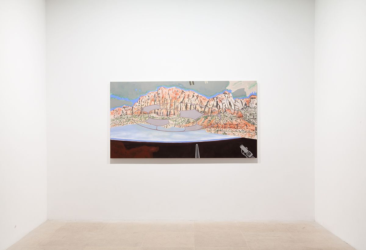 William Leavitt, Motel Zion Earth, 2013, Flashe on canvas with soundtrack, 44 x 84 inches