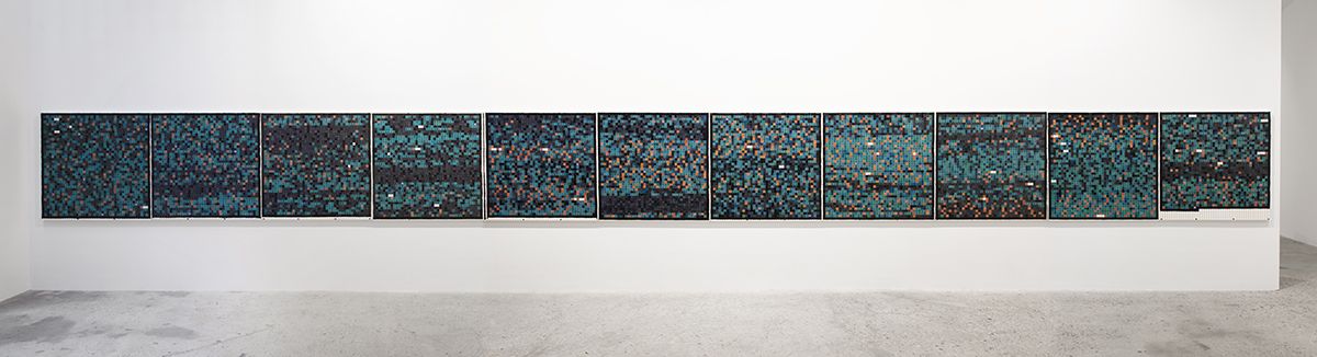 Rauschenberg, 2014, collage on pegboard, 11 Panels, Each: 48 x 48 inches