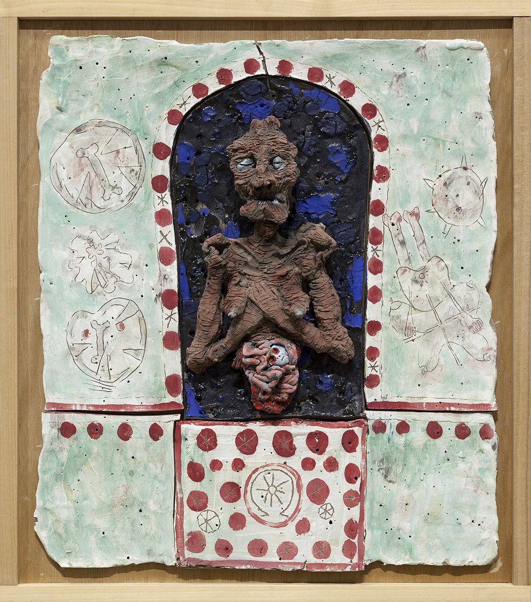Richard Hawkins Immaculate Abortion of Norogachi, 2016 Glazed ceramic in artist's frame 25 3/4 x 22 3/4 x 4 inches (65.4 x 57.8 x 10.2 cm)