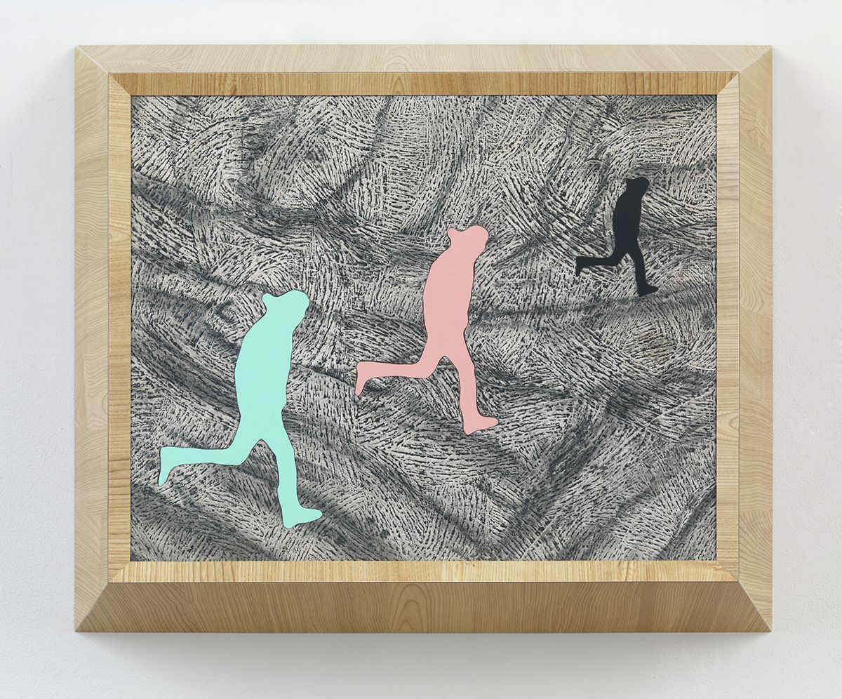 Richard Artschwager, Running Man (triple), 2013, Laminate, acrylic on Celotex in artist's frame, 21 1/4 x 25 1/2 x 8 inches