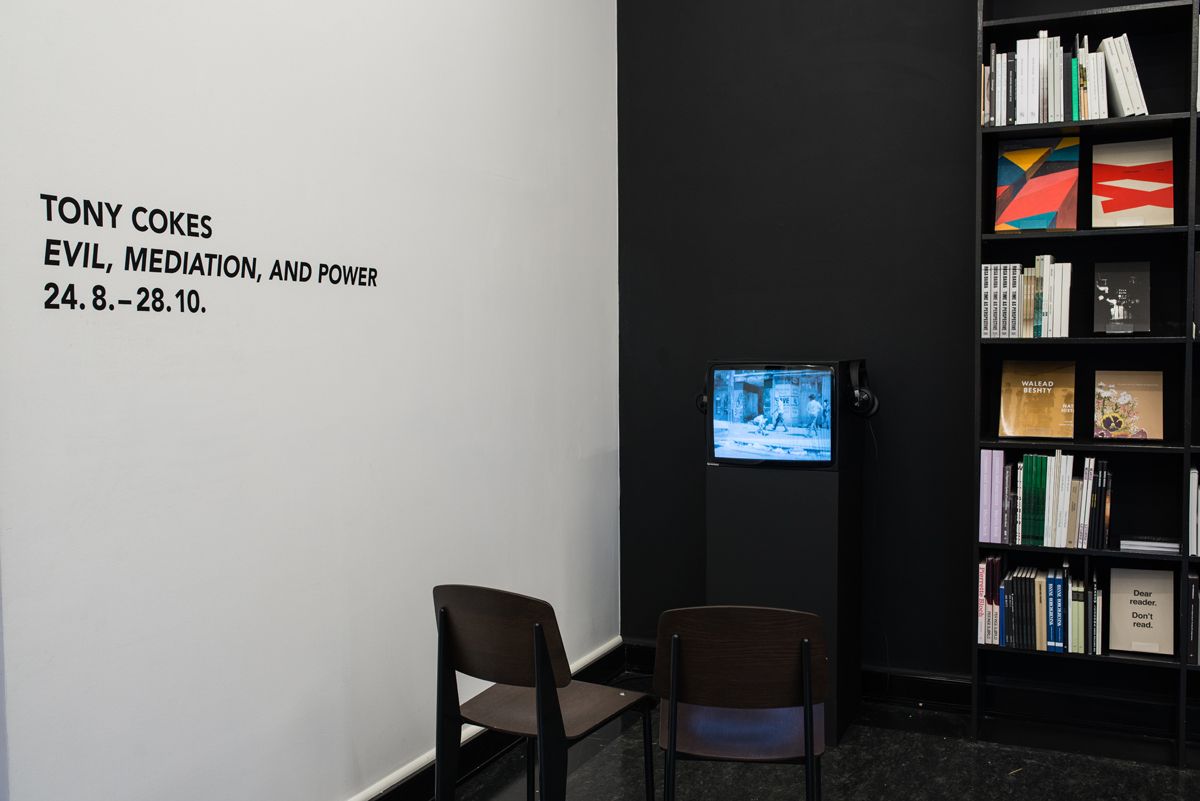 Tony Cokes, installation view, Evil, Mediation, and Power, Bergen Kunsthall, Bergen, 2018