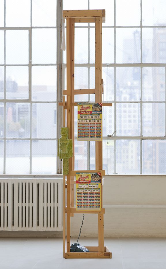 Some Dreamers of the Golden Dream, Rachel Harrison, Telephone Booth, 2009, Wood, polystyrene, cement, acrylic, calling-card posters, thumbtacks, and rotary phone, 109 x 30 x 23 inches