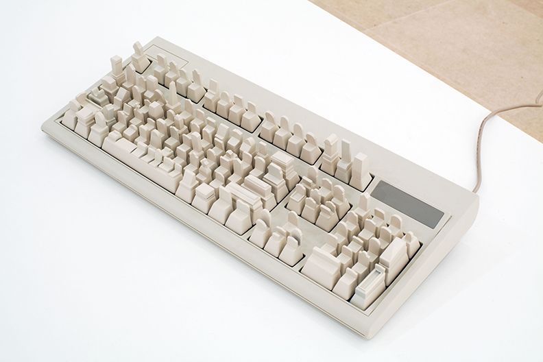 Oh why so serious?, 2008, plastic and electronics, computer keyboard, 3 1/4 x 18 1/2 x 8 inches