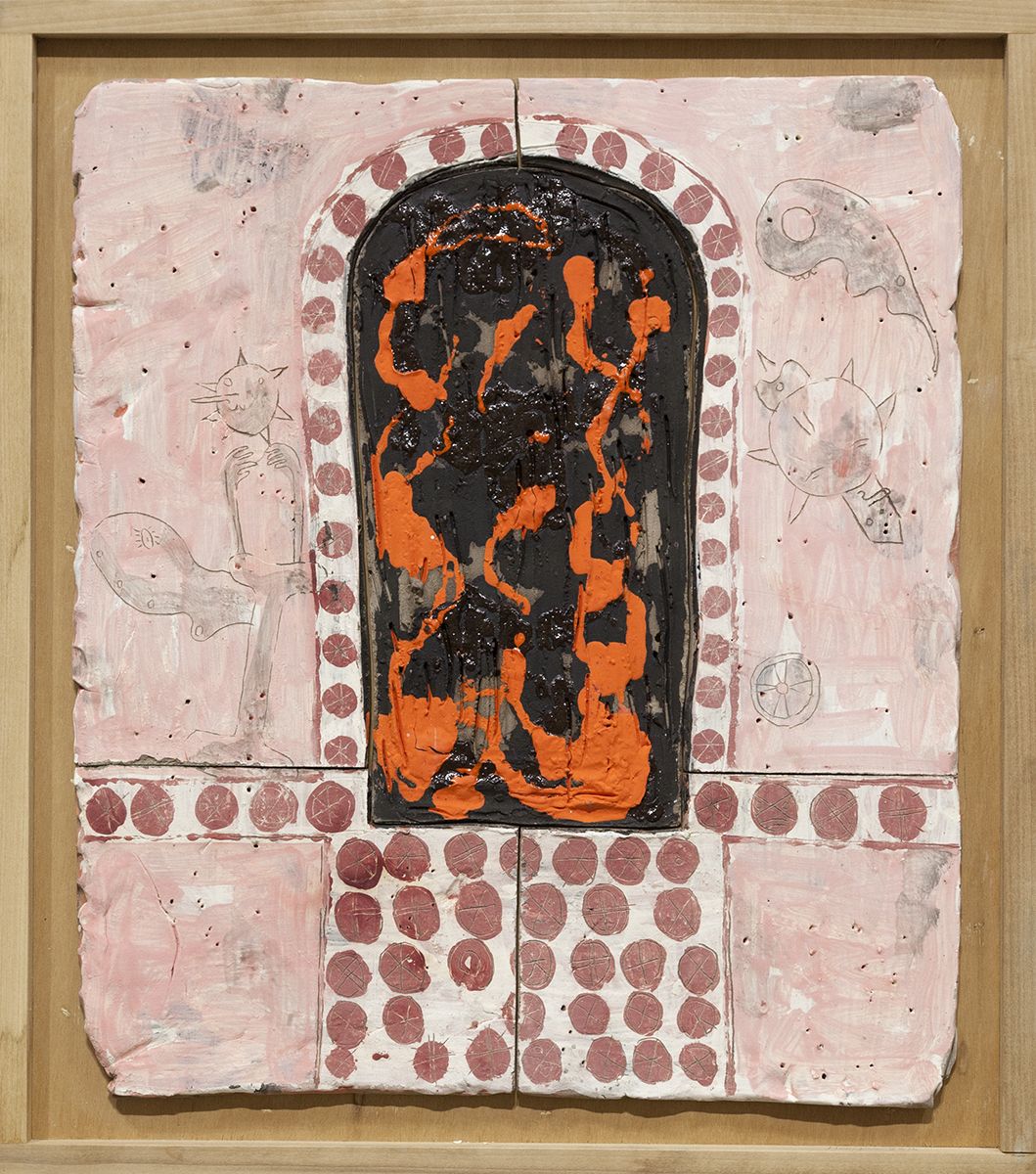 Richard Hawkins Norogachian Consecration of Shit and Peyote, 2016 Glazed ceramic in artist's frame 25 3/4 x 22 3/4 x 1 5/8 inches (65.4 x 57.8 x 4.1 cm)