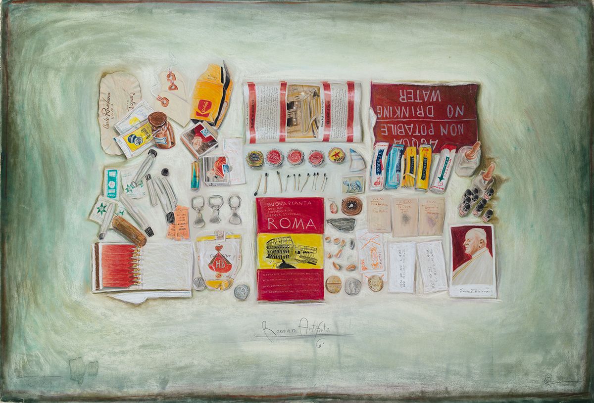Candy Jernigan, Travel Series Part 6, Roman Artifacts, July, 1984, Pastel and pencil on paper, 33 3/8 x 47 5/8 x 1 1/2 inches (84.7 x 120.9 x 3.8 cm)