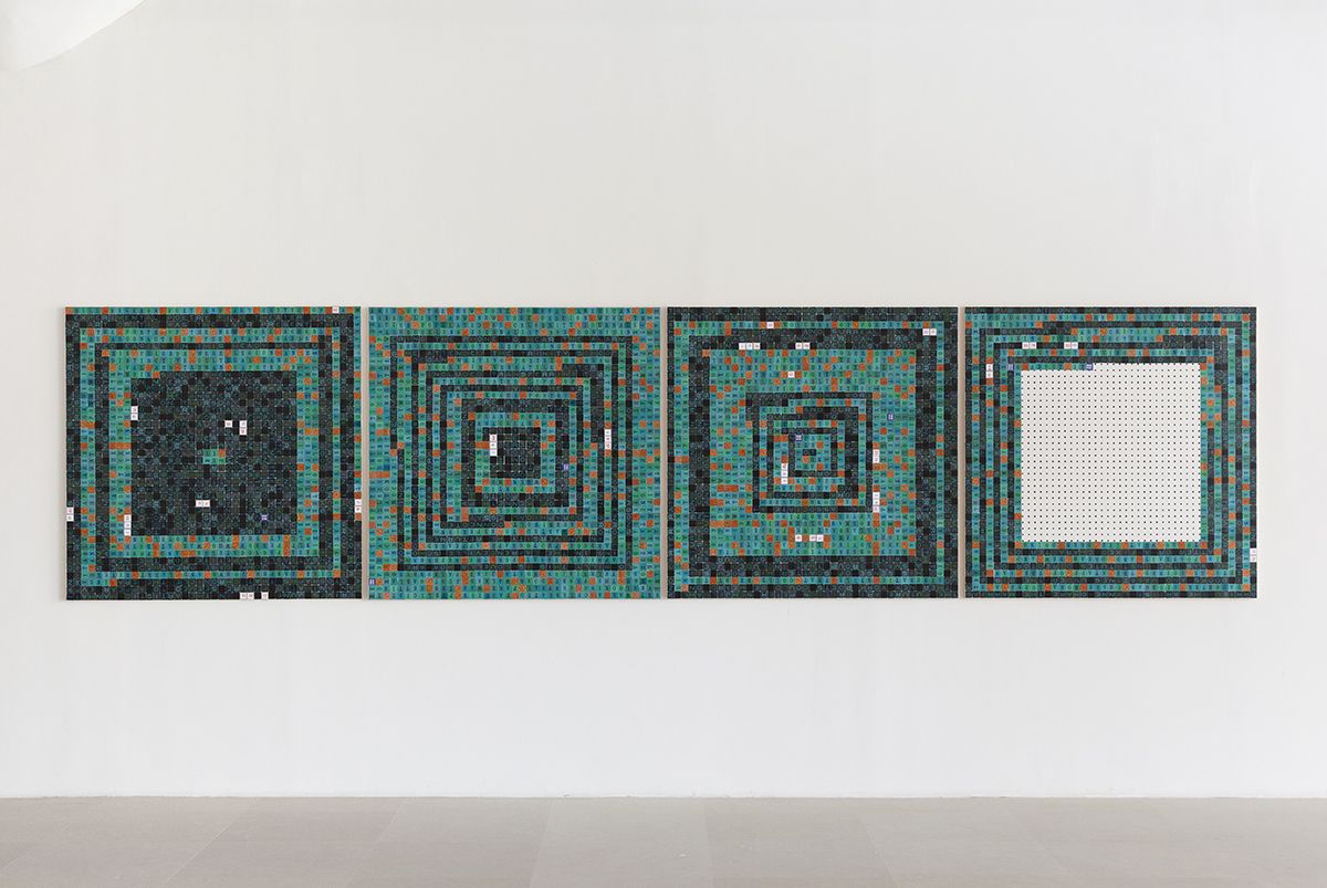 Allen Ruppersberg Three San Francisco Poets (Bill Berkson), 2017 Cut color copies on pegboard, pH neutral adhesive, wood backing, UV gloss medium coating 4 Panels: 48 x 48 x 1 inches (121.9 x 121.9 x 2.5 cm) each