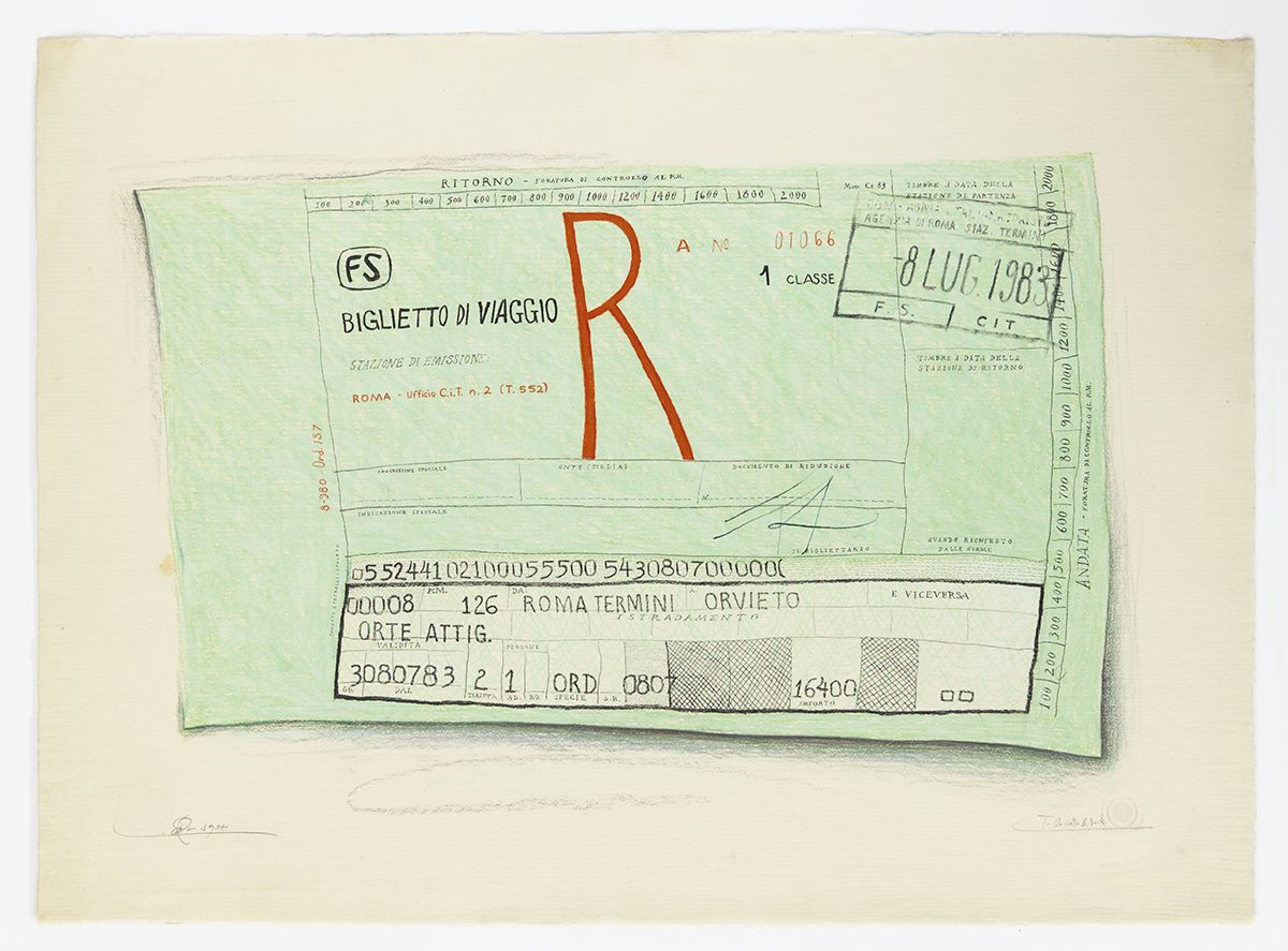 Candy Jernigan, To Orvietto and Back, 1984, Pastel and rubber stamp on paper, Image: 19 1/4 x 26 1/4 inches (48.9 x 66.7 cm), Frame: 23 3/8 x 30 5/8 x 1 1/2 inches (59.4 x 77.8 x 3.8 cm)