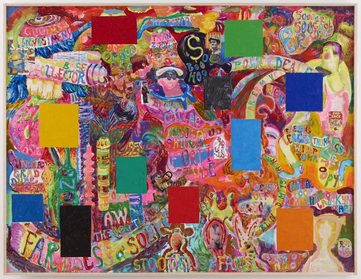 Death to Mike Kelley (in an attemptedly Peter Saul manner), 2019, Oil, acrylic and collage on panel, 61 x 79 x 2 1/4 inches (154.9 x 200.7 x 5.7 cm)