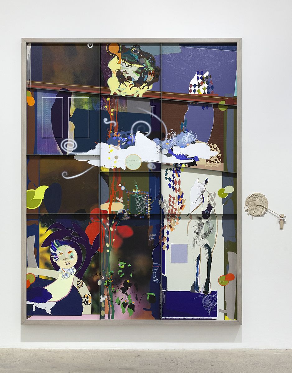 Helen Marten To be titled, 2018 Silkscreen and paint in ash frame, cast jesmonite, painted paper, galvanised nails 122 x 94 x 33 inches (309.9 x 238.8 x 83.8 cm)