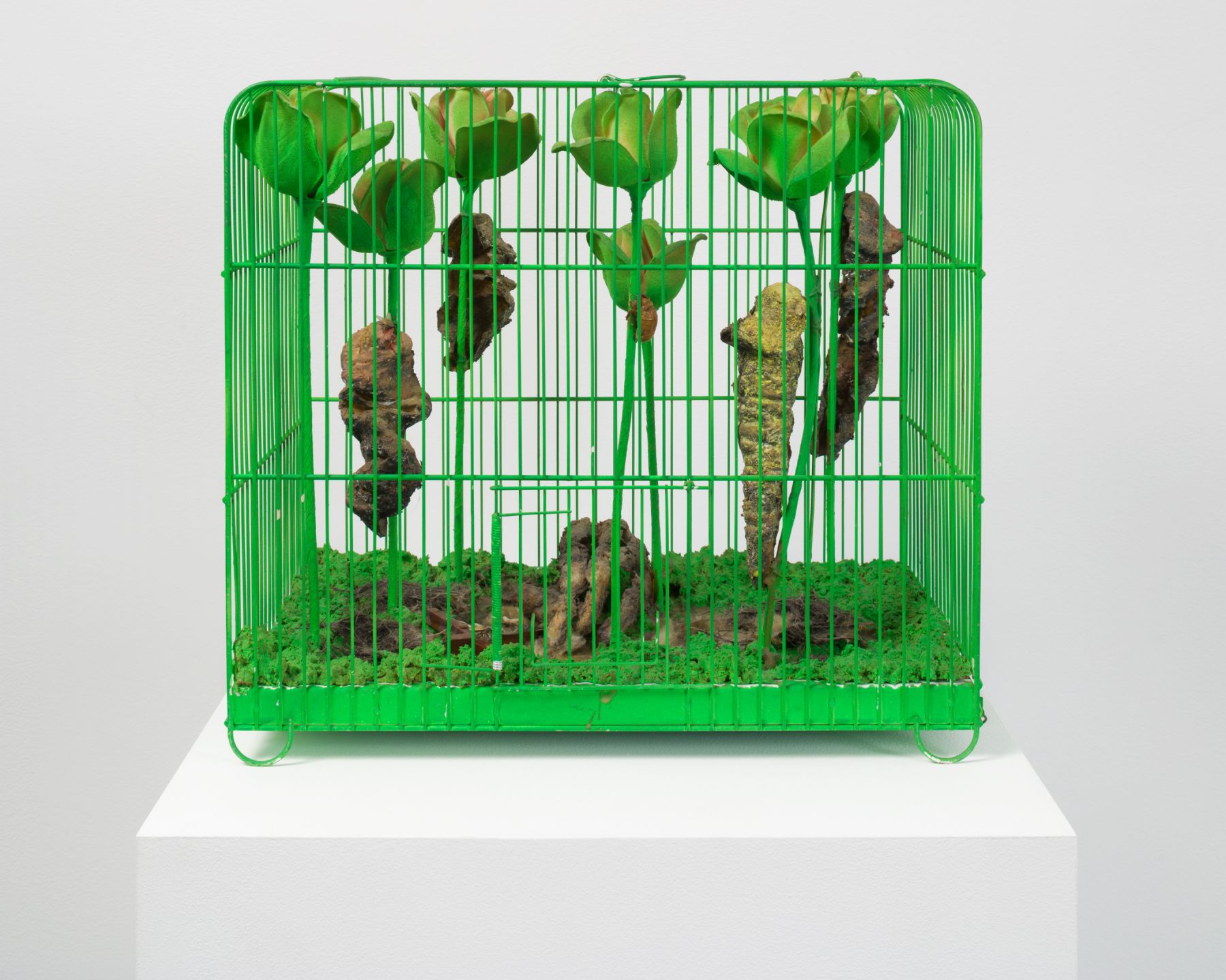 Tetsumi Kudo, Souvenir-La Mue (Memory-Pupal Skin), 1967, Acrylic on plastic flowers and mixed media in painted cage 13 3/4 x 15 1/3 x 9 7/8 inches (34.9 x 38.9 x 25.1 cm)
