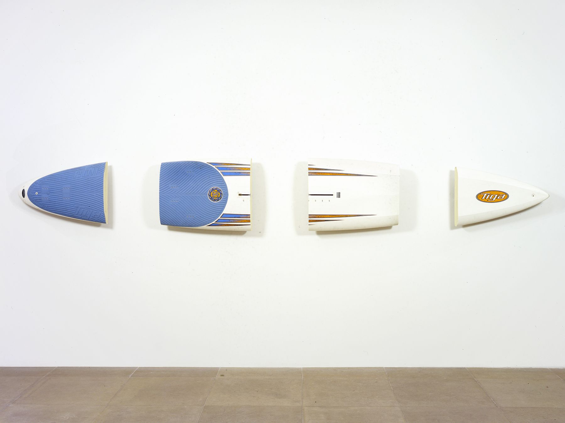 Michael Krebber, Tiga, 2008, Windsurfing board, wall mounts, 21 x 153 inches
