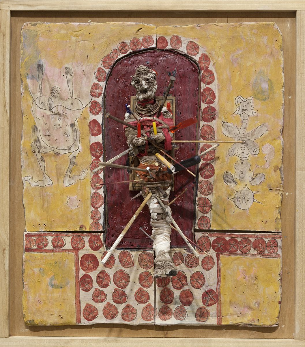 Richard Hawkins Judas of Norogachi, 2016 Glazed ceramic, air-dry clay, rat trap, pig’s blood, rags, candles and utensils in artist’s frame 25 3/4 x 22 3/4 x 10 1/2 inches (65.4 x 57.8 x 26.7 cm)