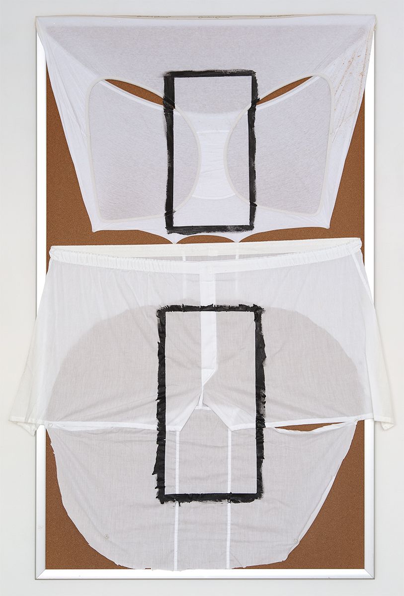 Tony Conrad Untitled (O me O me O you O my), 2009 Acrylic, underwear, bulletin board 60 x 36 inches (152.4 x 91.4 cm)