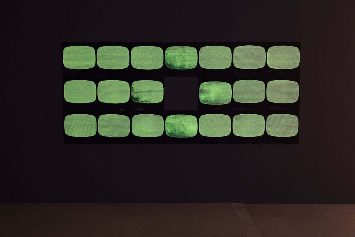 Tony Conrad Yellow Movie (video), 1973 citron Yellow Daylight Fluorescent Naz-Dar Screen Process Ink, Naz-Dar No. 5594, and Scrink Transparent Base, Craftint No. 493, applied over Super White Process Color, Art-Brite No. 700 on Black cards; GE F40BL Black Lights; contact microphones; speakers Twenty 20 x 20 x 1/8 inches (51 x 51 x .3 cm) each