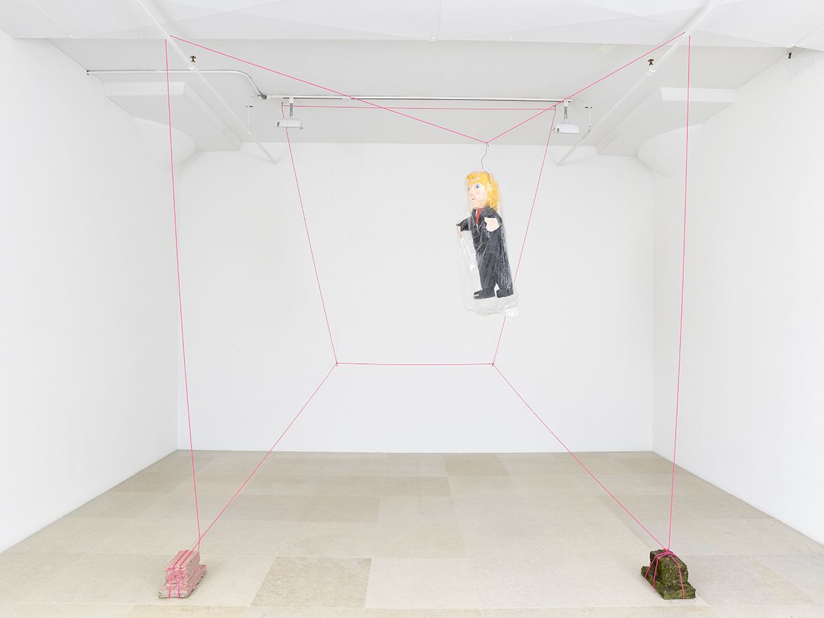 Rachel Harrison The Sandbag, 2015 Wood, polystyrene, cement, acrylic, piñata, and parachute cord Dimensions variable
