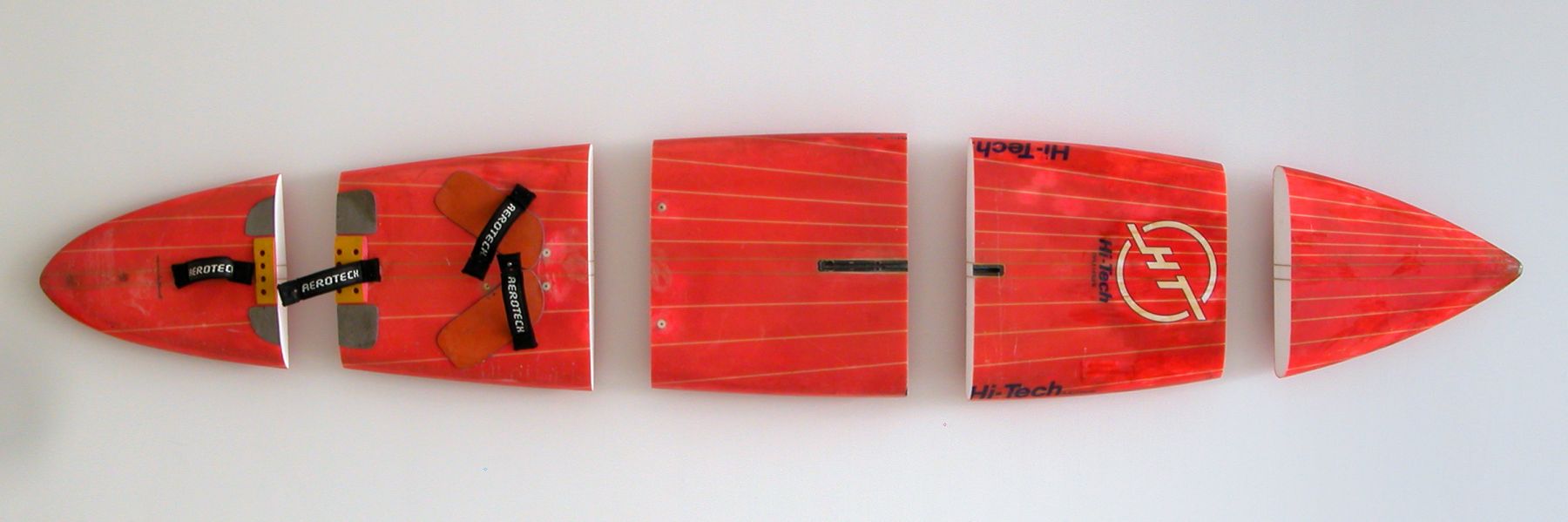 Michael Krebber, Hi Tech, 2008, Windsurfing board, wall mounts, 23.5 x 135 inches