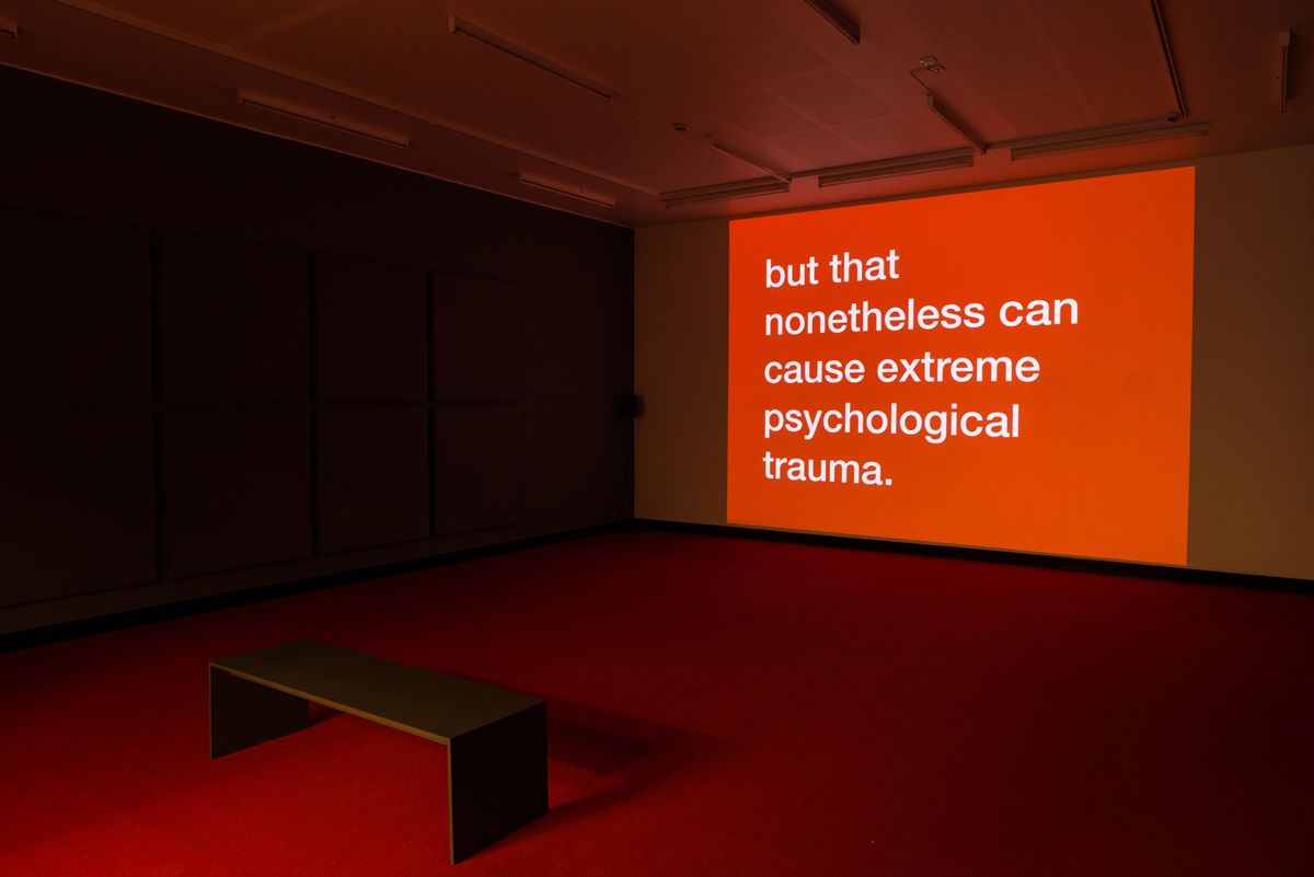 Tony Cokes, Installation view, Evil, Mediation, and Power, Bergen Kunsthall, Bergen, 2018