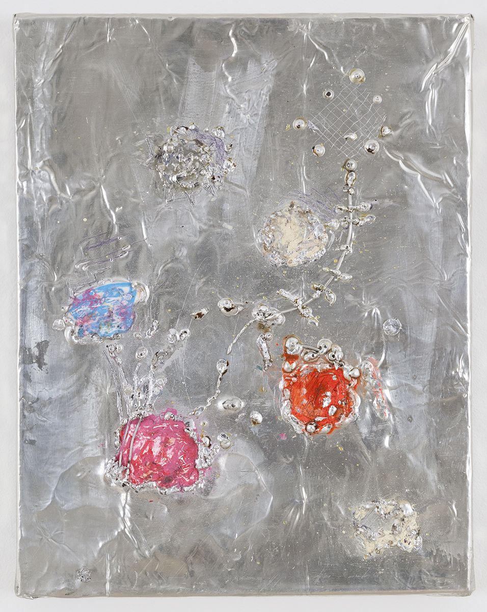 Josef Strau, Inquiry, 2018 Tin plate, tin wire, acrylic on canvas 14 1/4 x 11 1/4 x 1 1/4 inches (36.2 x 28.6 x 3.2 cm)