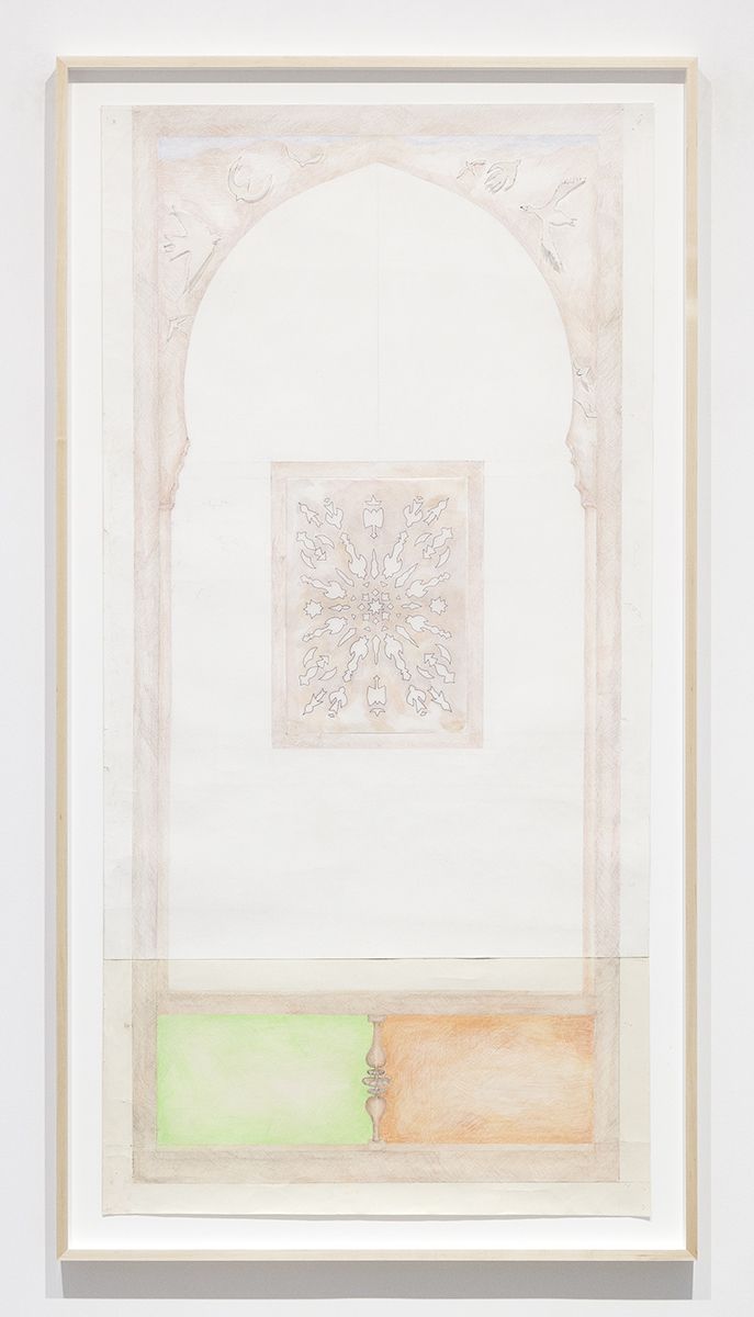 Katharina Wulff Untitled, 2014 Pencil, colored pencil, ink, transparent paper on paper Paper: 72 x 35 5/16 inches (182.9 x 89.7 cm) Frame: 77 1/2 x 41 1/4 x 2 inches (196.9 x 104.8 x 5.1 cm)