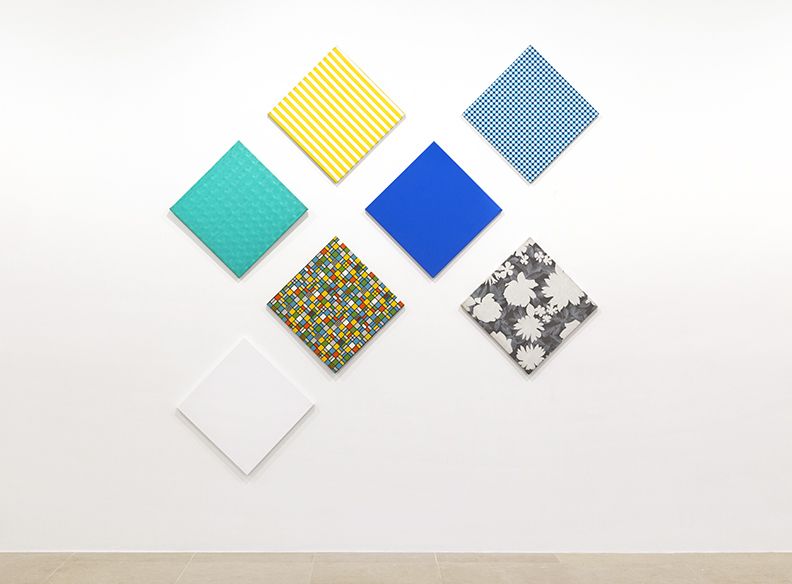 Konrad Lueg, Komposition aus 7 Flächen, 1966, Plastic film on wood (seven pieces), 78 3/4 x 118 1/8 inches, 19 3/4 x 19 5/8 each