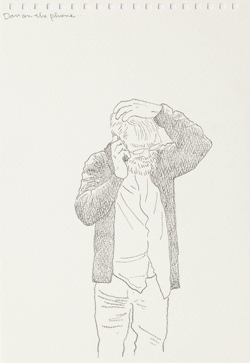 Mieko Meguro Dan On The Phone..., 2016 Graphite on paper Image: 9 7/8 x 6 3/8 inches (25.1 x 16.5 cm) Frame: 12 1/2 x 9 1/2 x 1 1/8 inches (31.7 x 24.1 x 3.0 cm)