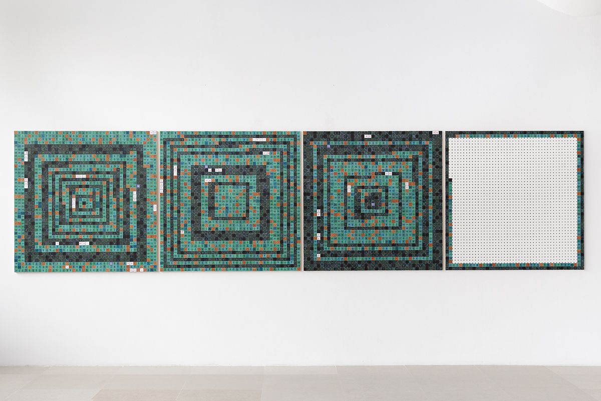 Allen Ruppersberg Three San Francisco Poets (Bruce Conner), 2017 Cut color copies on pegboard, pH neutral adhesive, wood backing, UV gloss medium coating 4 Panels: 48 x 48 x 1 inches (121.9 x 121.9 x 2.5 cm) each