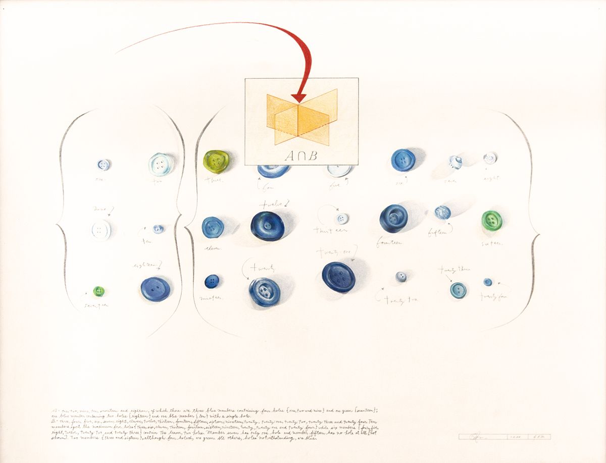 Candy Jernigan, Untitled (Buttons), 1.2.88, Graphite, colored pencil on paper, Paper: 22 x 30 inches (55.9 x 76.2 cm), Framed: 26 1/2 x 33 3/4 x 3/4 inches (67.3 x 85.7 x 1.9 cm)
