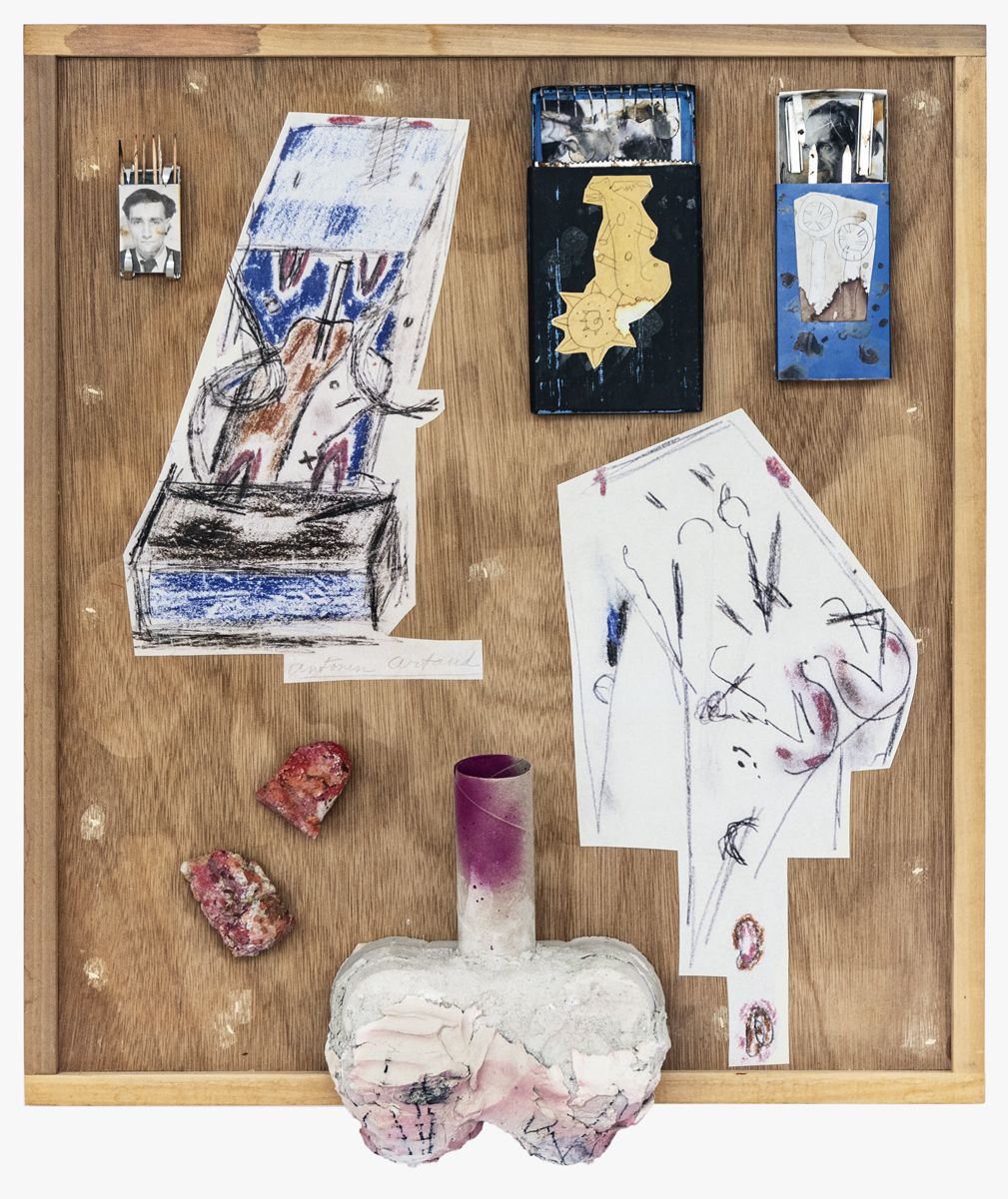 After Artaud: The Sexual Awkwardness of God, Sperm Traps, 2019, Concrete, air-dry clay, cardboard tube, boxes, office hardware, cow’s blood and collage on panel, 27 x 23 x 6 inches (68.6 x 58.4 x 15.2 cm)