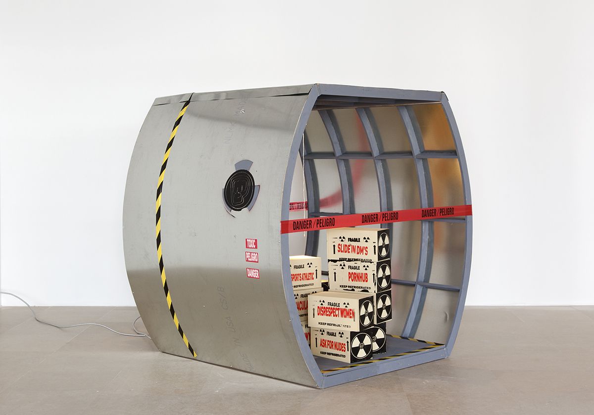 Mathieu Malouf, Toxic Masculinity Fallout shelter, 2017, Silkscreen, wood, metal, lamp and tape, 72 x 75 x 64 inches (182.9 x 190.5 x 162.6 cm)