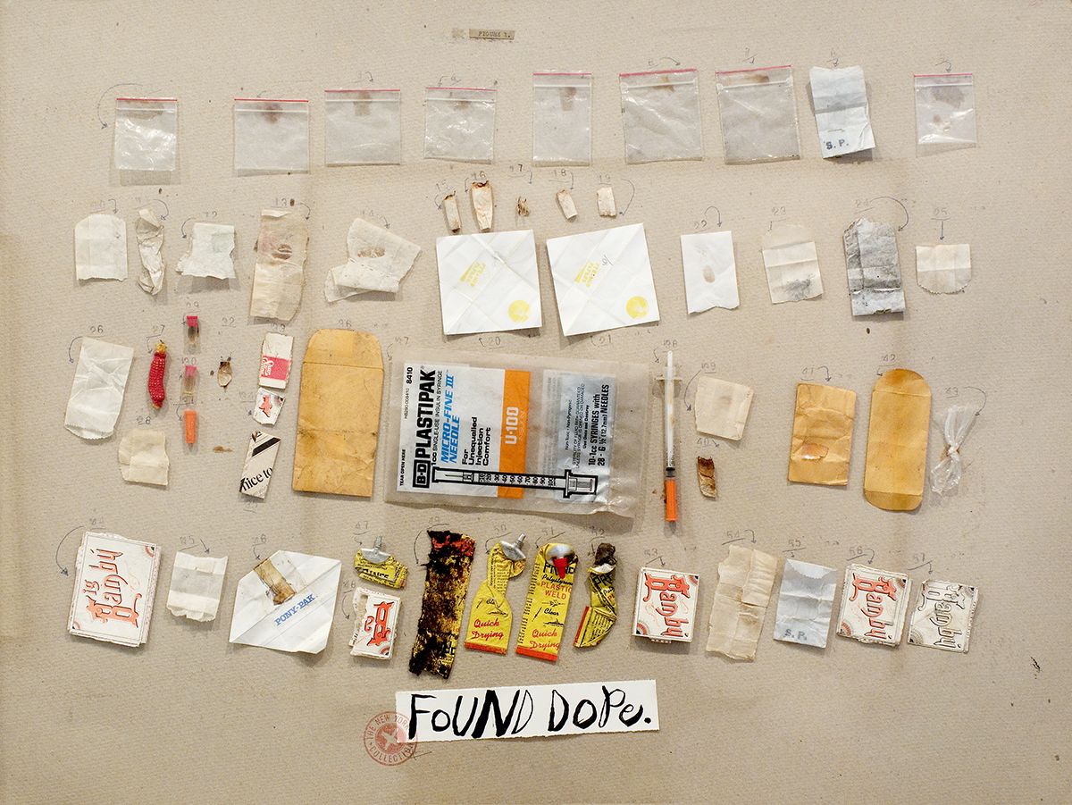 Candy Jernigan, THE NEW YORK COLLECTIONS, Found Dope, 1986, Found objects on paper, 26 x 34 x 2 3/4 inches (66 x 86.4 x 7 cm)