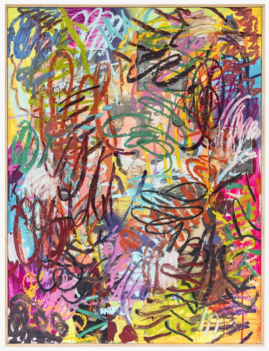 A Lure Painting #1, 2019, Oil stick and collage on panel, 48 3/4 x 36 3/4 x 1 1/2 inches (123.8 x 93.3 x 3.8 cm)