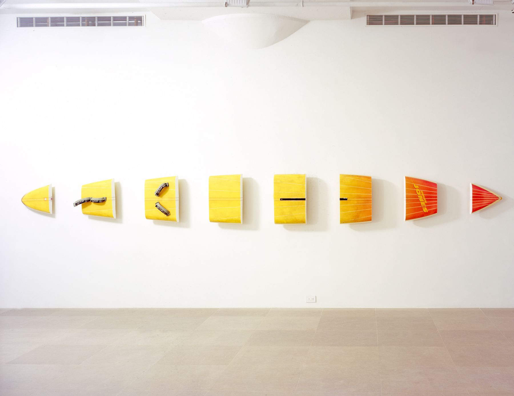 Michael Krebber, Bruce Jones, 2008, Windsurfing board, wall mounts, 23 1/2 x 223 inches