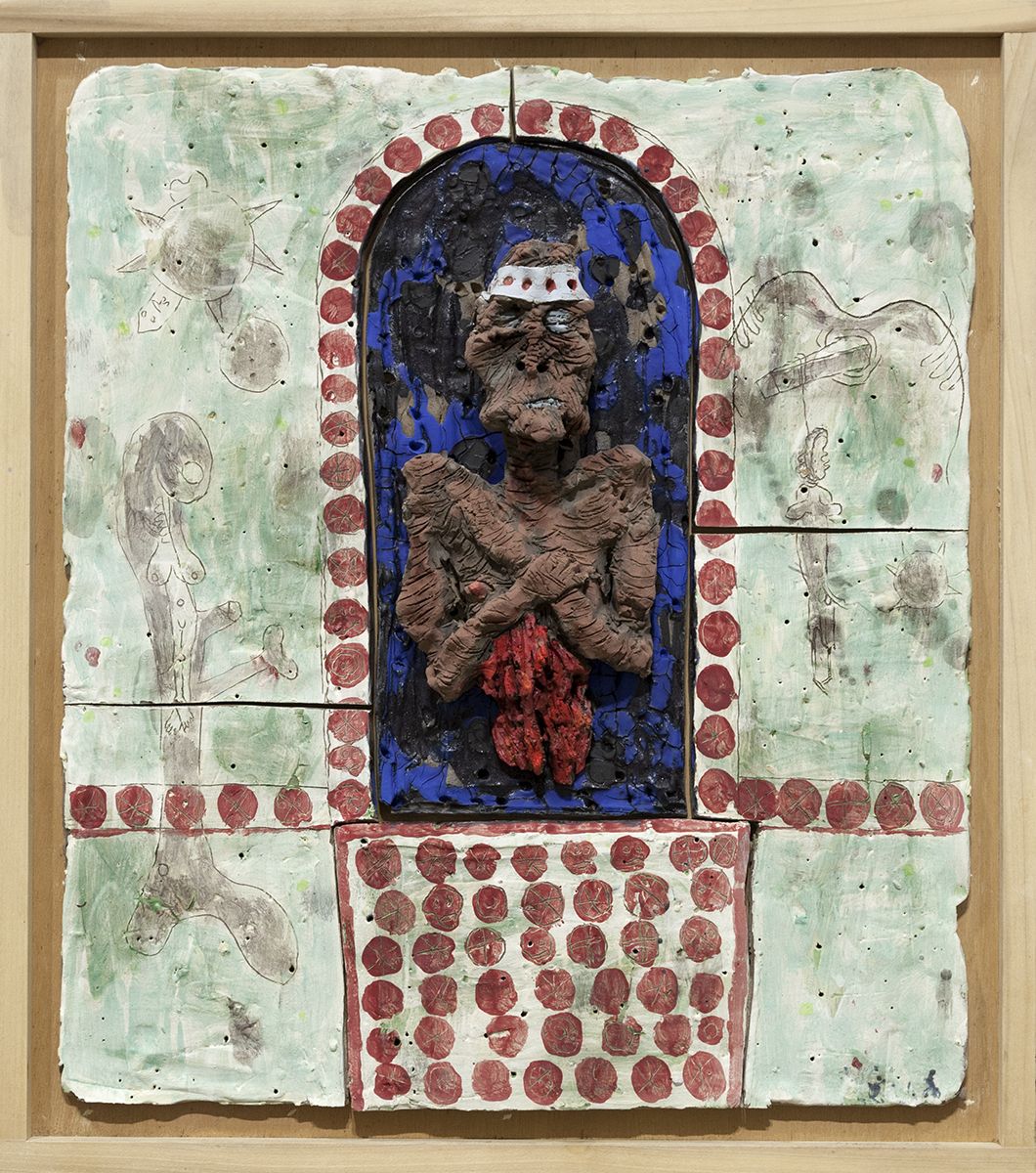 Richard Hawkins Blood Eucharist of Norogachi, 2016 Glazed ceramic in artist's frame 25 3/4 x 22 3/4 x 4 1/2 inches (65.4 x 57.8 x 11.4 cm)
