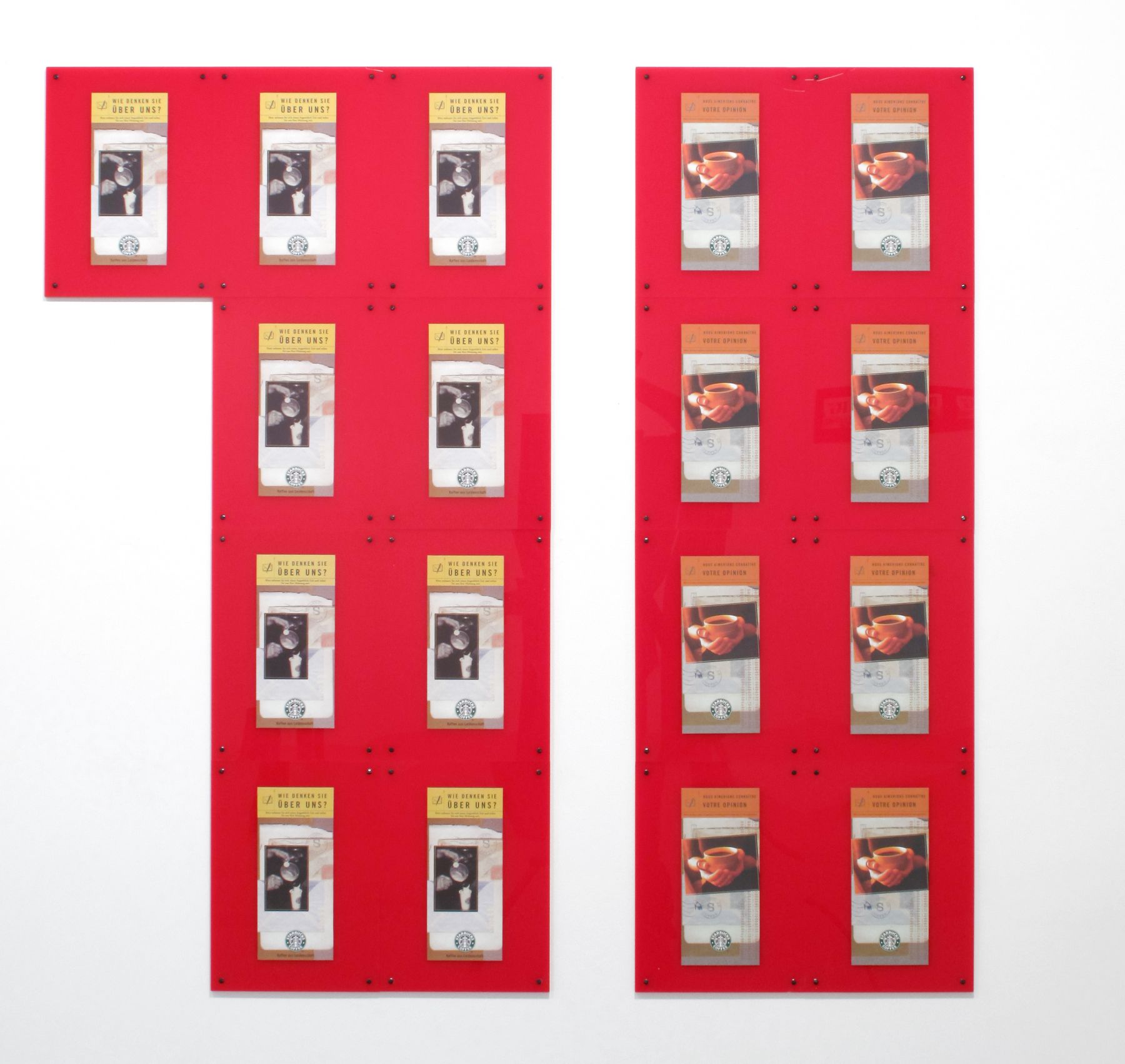 Starbucks France and Germany, 2009, Plexiglas, paper, 17 parts, 11 x 8 inches (each), 44 1/8 x 44 3/8 inches (approx. overall)