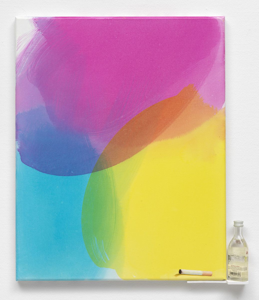 Monika Baer Ohne Titel, 2016 Acrylic on canvas, wood, bottle 15 3/4 x 11 3/4 inches (40 x 30 cm)