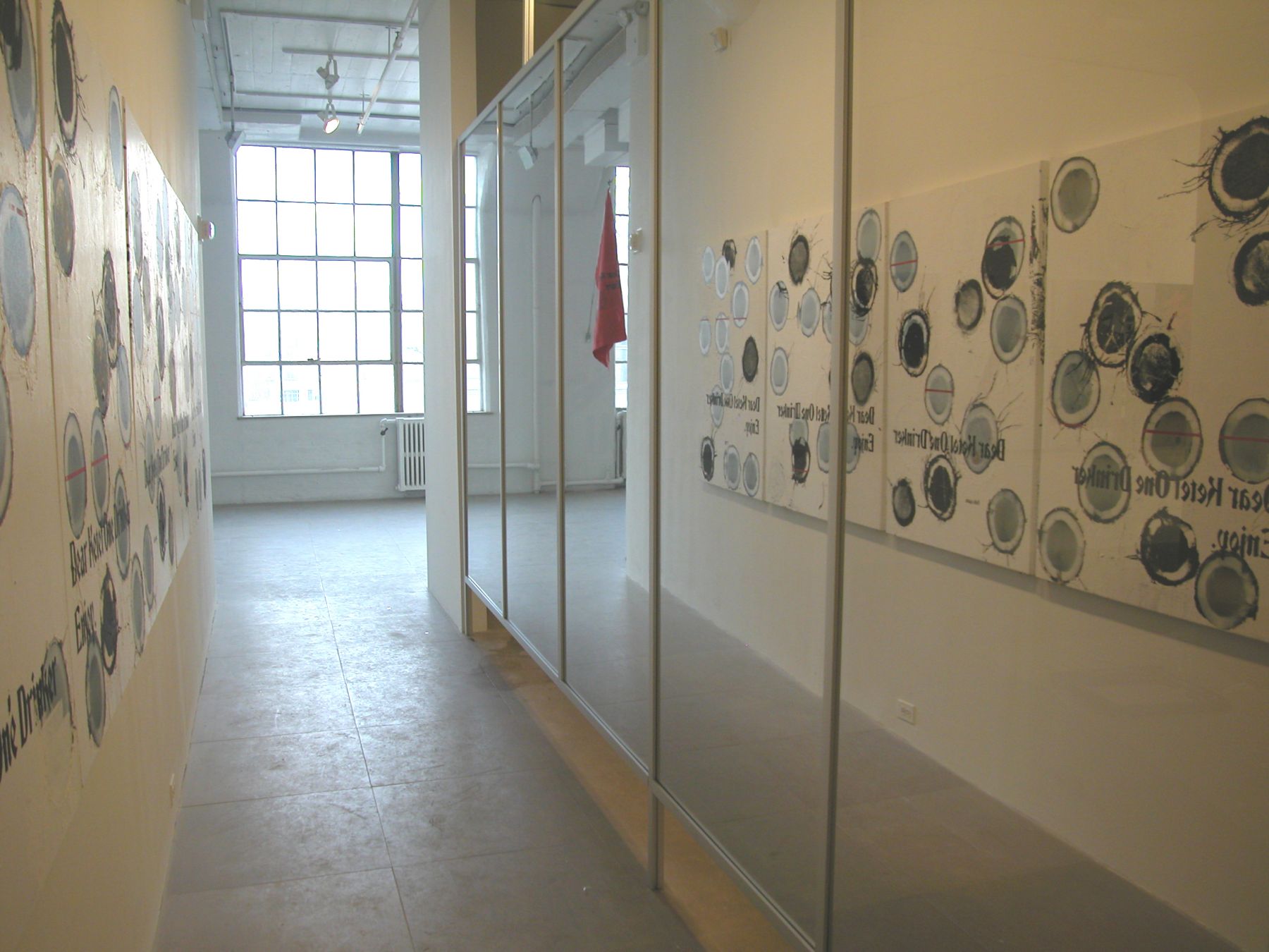 Coconut Corridor, 2005, 6 paintings, silkscreen and digital inkjet on canvas, reflective plexiglass screen, paintings 48 x 36 inches, installation dimensions variable, Installation view, Greene Naftali, New York, 2005