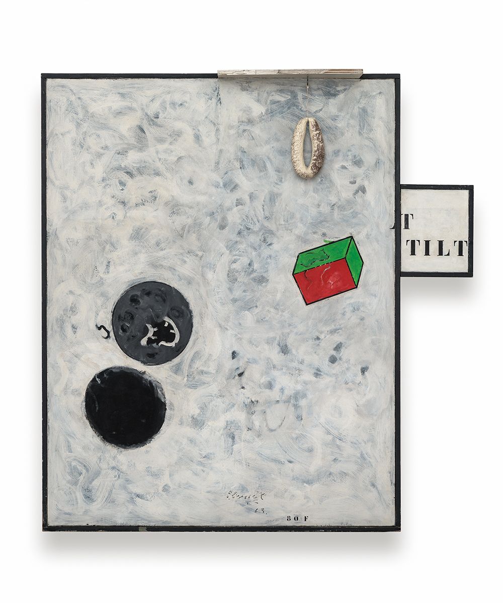 Hervé Télémaque La boîte à malice (The bag of tricks), 1963 Oil on canvas with a plastic sausage 58.66 x 55.51 x 7.09 inches (149 x 141 x 18 cm)