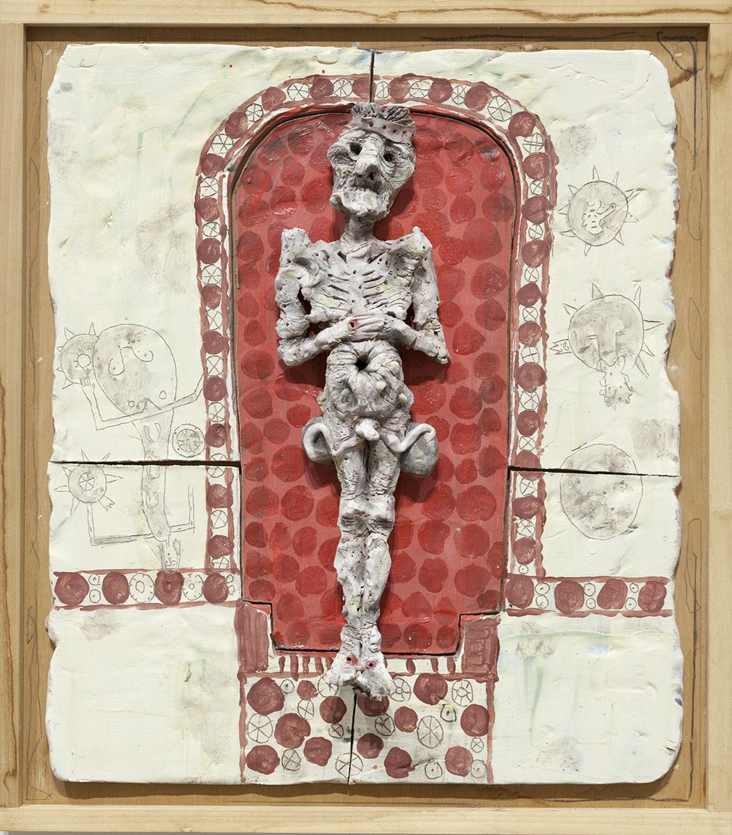 Richard Hawkins Noragachian Castrated Priest of the Sun, 2016 Glazed ceramic in artist's frame 25 3/4 x 22 3/4 x 3 3/4 inches (65.4 x 57.8 x 9.5 cm)