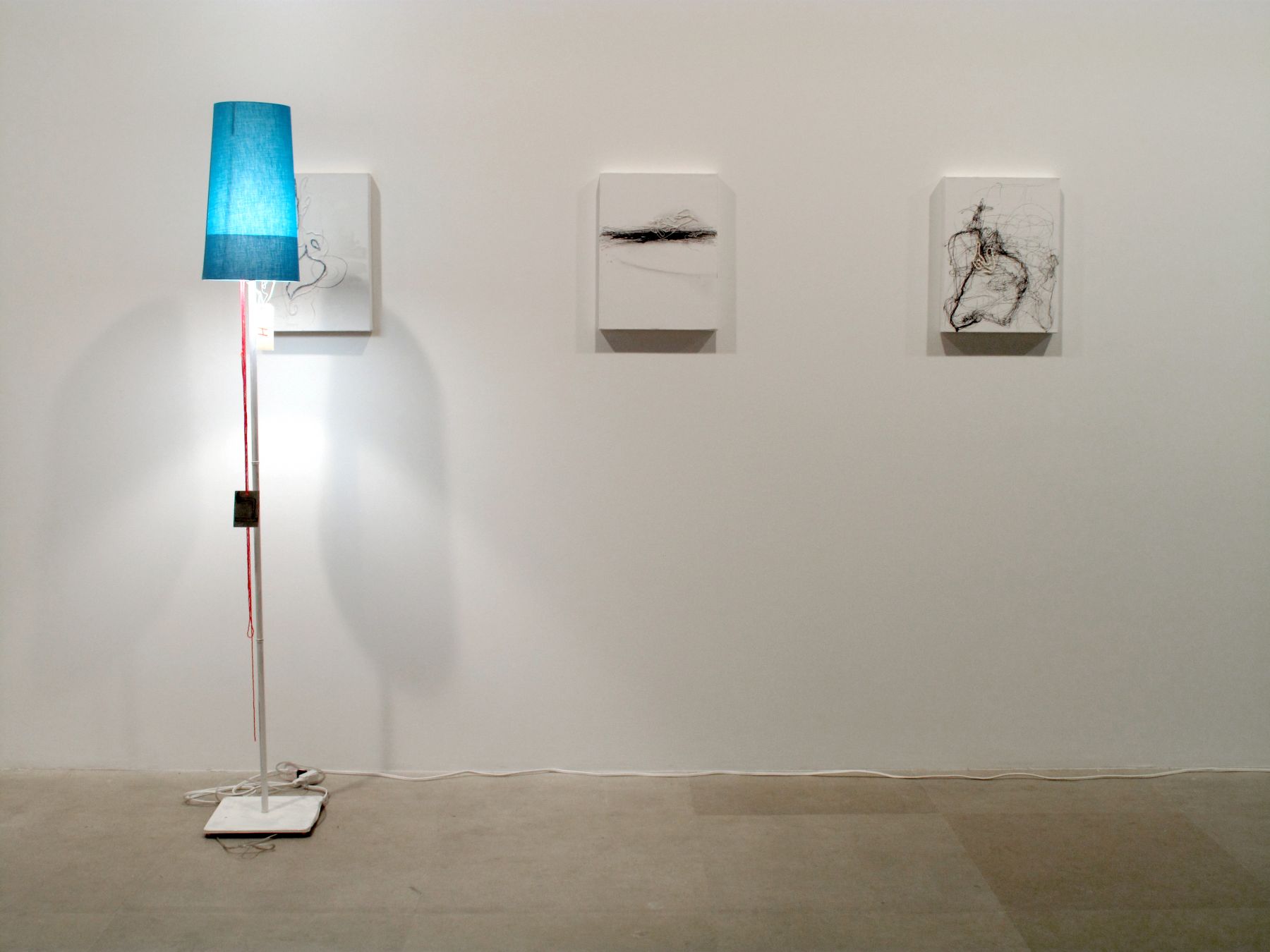 Untitled, 2008, ink, pencil, acrylic, pearls, beads and adhesive on canvas, mixed media lamp, overall dimensions variable, canvases each 15 ¾ x 11 ¾ inches