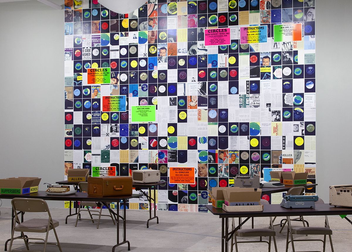 CIRCLES: Allan Kaprow's words, 1962, By Allen Ruppersberg, 2008, 7 vintage typewriters and record players, microcontrollers with mp3 players, 350 audio tracks, amps, motion sensors, 9 letterpress posters, color and black and white Xerox copies, 14 silkscreened cardboard boxes, tables and chairs, dimensions Variable