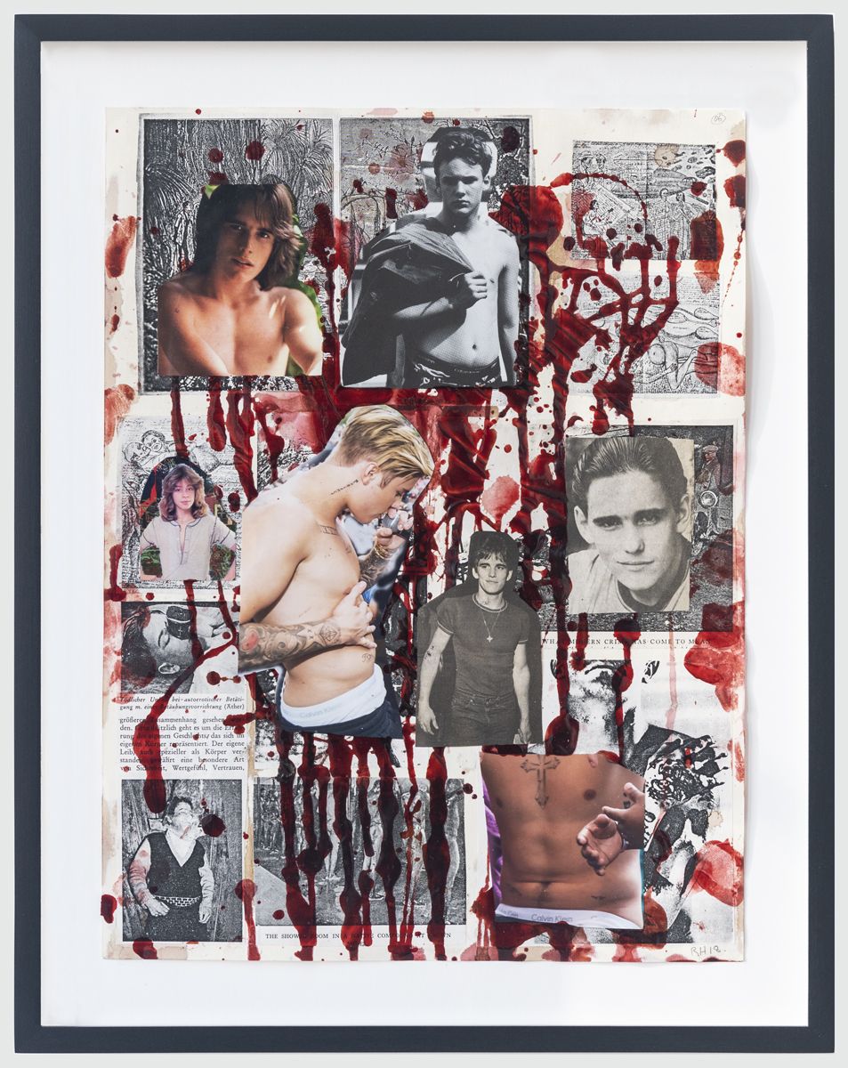The Collage Killer #6, 2018, Fake blood and collage on paper, 15 3/4 x 11 7/8 inches (40 x 30.2 cm) Frame: 18 1/4 x 14 1/4 inches (46.4 x 36.2 cm)