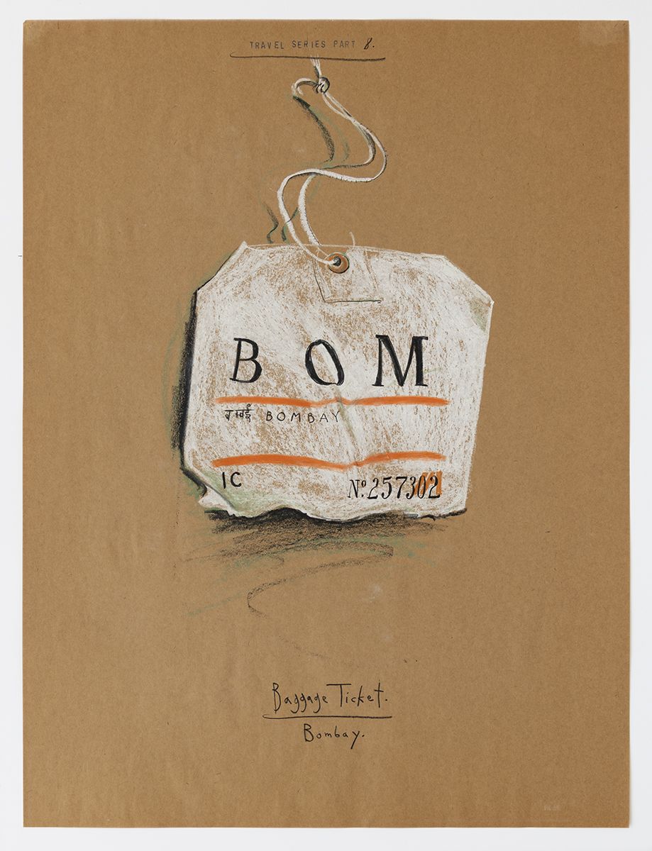 Candy Jernigan, Travel Series – Part 8, Baggage Ticket – Bombay, 1983, Pastel and rubber stamp on kraft paper, Image: 24 x 18 inches (61 x 45.7 cm), Frame: 27 3/4 x 21 3/4 x 1 1/2 inches (70.5 x 55.2 x 3.8 cm)