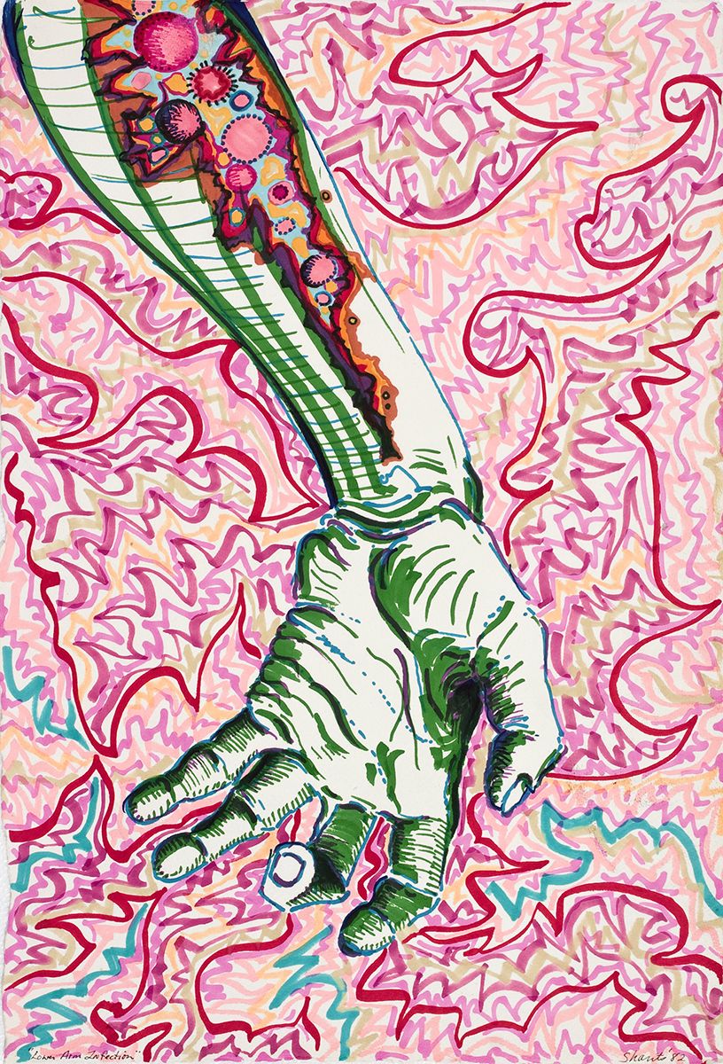 Paul Sharits Lower Arm Infection, 1982 Mixed media on paper Paper: 21 x 14 1/2 inches (53.3 x 36.8 cm) Frame: 24 1/2 x 19 1/2 x 1 1/4 inches (62.2 x 49.5 x 3.2 cm)