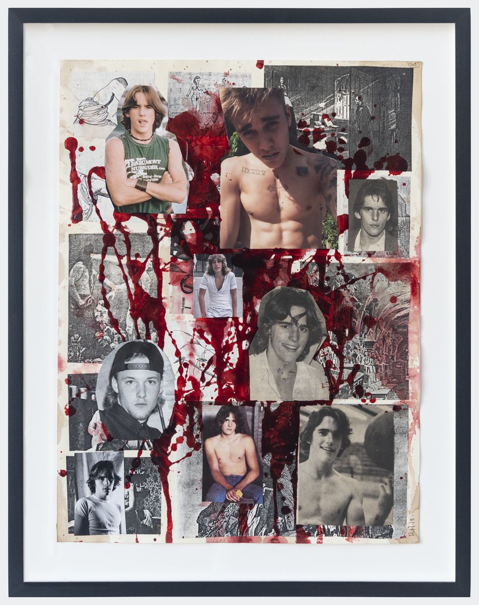 The Collage Killer #3, 2018, Fake blood and collage on paper, 15 3/4 x 11 7/8 inches (40 x 30.2 cm) Frame: 18 1/4 x 14 1/4 inches (46.4 x 36.2 cm)
