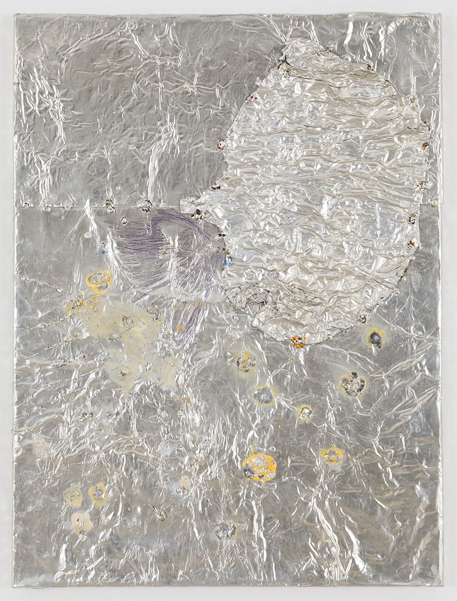Josef Strau Contagiousness, 2018 Tin plate, tin wire, acrylic, ballpoint pen on canvas 24 x 18 x 1 1/4 inches (61 x 45.7 x 3.2 cm)