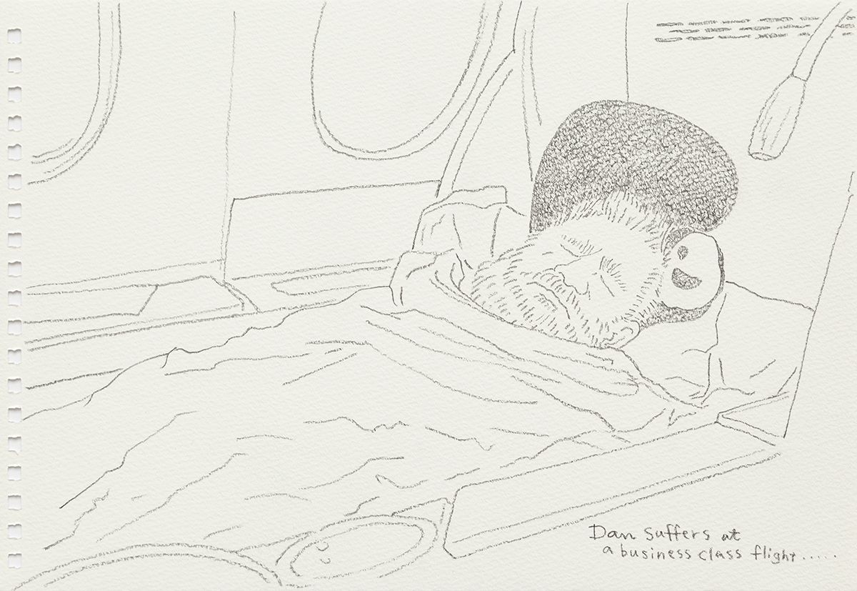 Mieko Meguro Dan Suffers At A Business Class Flight..., 2016 Graphite on paper Image: 6 3/8 x 9 7/8 inches (16.5 x 25.1 cm) Frame: 9 1/2 x 12 1/2 x 1 1/8 inches (24.1 x 31.7 x 3.0 cm)